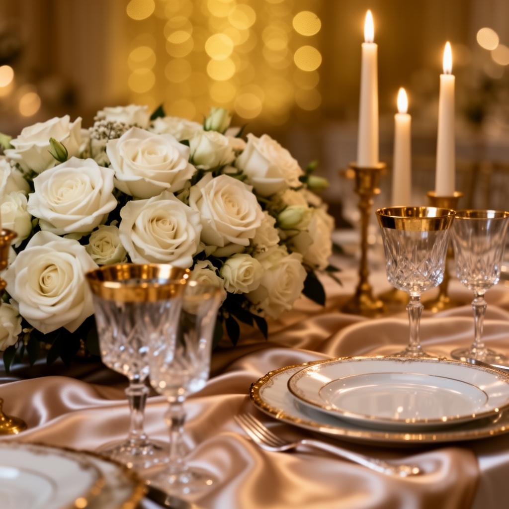 Mesa de evento com flores brancas, taças de cristal e luzes douradas